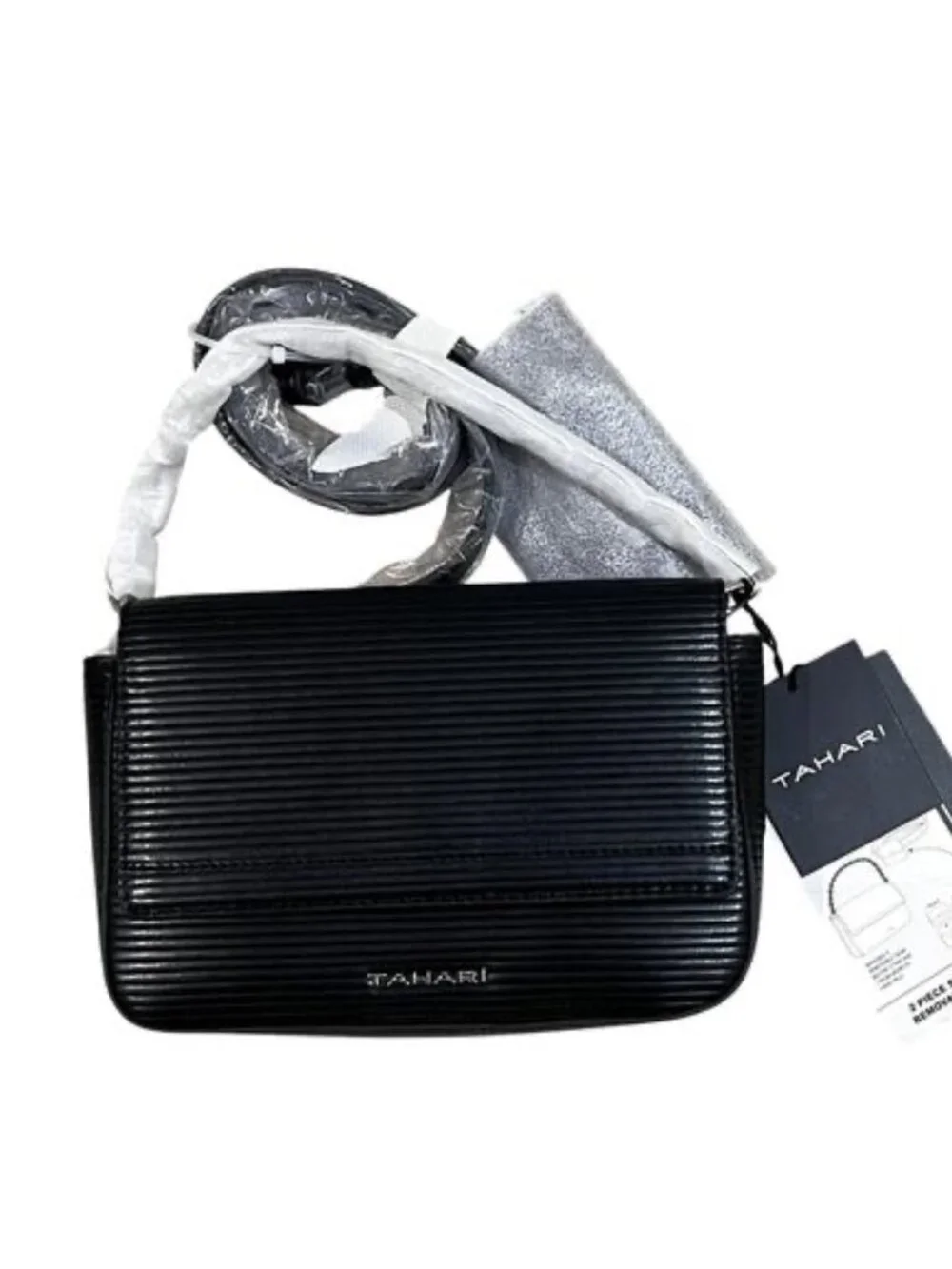 Tahari Essex St Sling Bag Small Black Emboss Stripe Faux Leather Belt